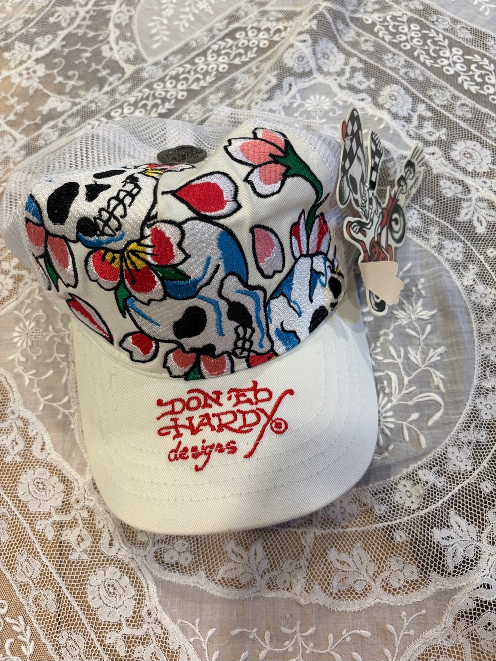 Ed Hardy White Hat with Multicolor Skull & Floral Embroidery